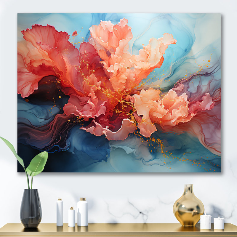 Tempête abstraite orange et bleue sur toile, Toile tendue, H 30 po x l 40 po