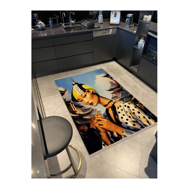 Tapis décoratif multicolore à motif de franges lavable à motif de femme, collection Waso
