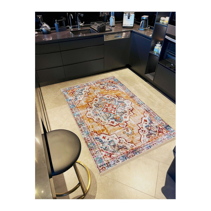 Tapis décoratif tissé lavable à la machine bleu brun, Rectangle 2 pi 6 po x 4 pi 11 po
