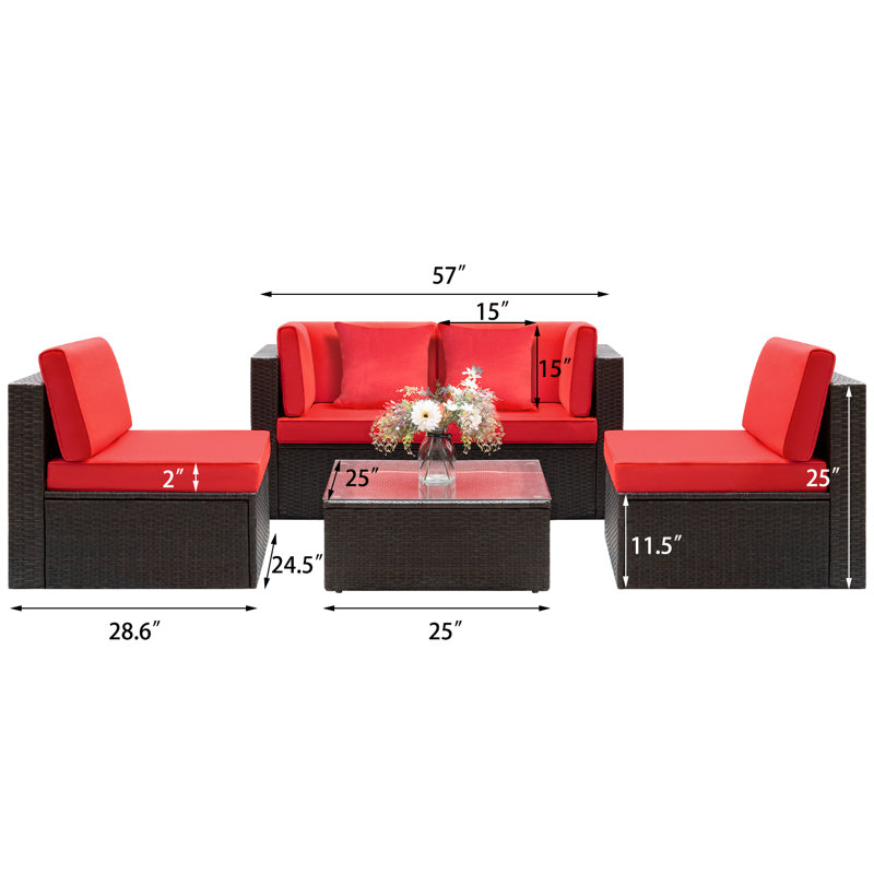 Ensemble de conversation modulaire en rotin 5 pièces avec coussins Ellison, Rouge