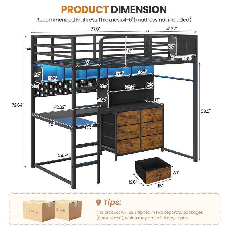 Twin Loft Bed With L-shaped Desk, 7 Storage Drawers And Charging Station, Metal Loft Twin Beds With Led Lights, Bookcase Storage, Large Pegboard, Safety Guardrail And Ladder, Black