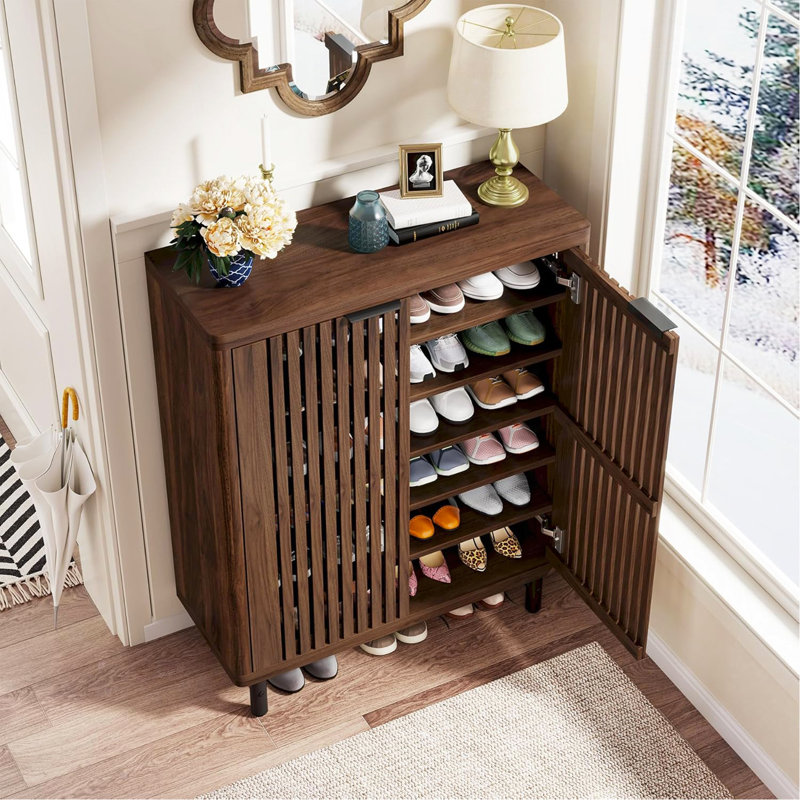 Armoire à chaussures 33,46 po en bois de noyer foncé moderne à 6 niveaux avec portes à persiennes, Noyer foncé