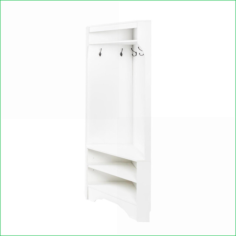 Coat Racks for Entryway, Minimalist Corner Hall Tree with Shoe Bench, 4 Hooks, White, 29.5W x 71.6H | White | Particle Board