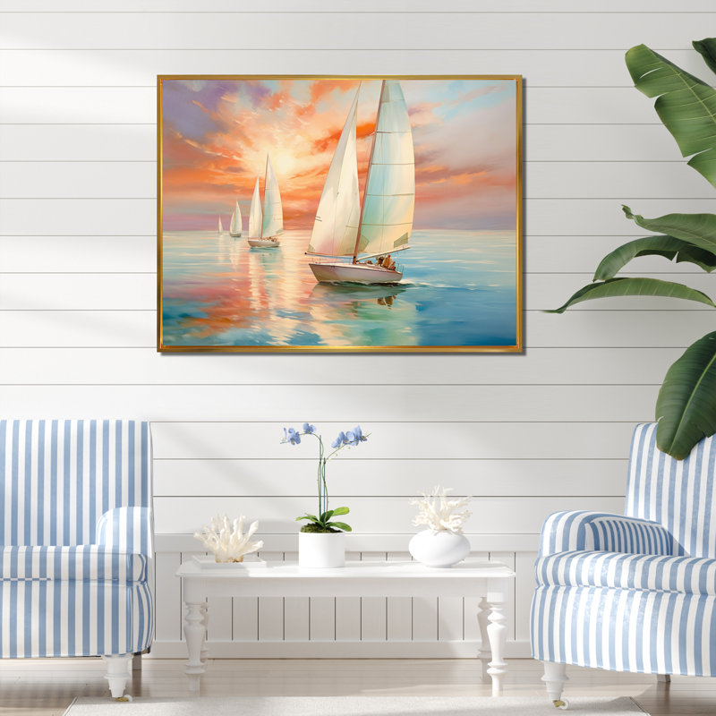 " Minimalism Sailboat Rhythms IV ", 16" H x 32" W x 1" D, Gold Single Picture Framed