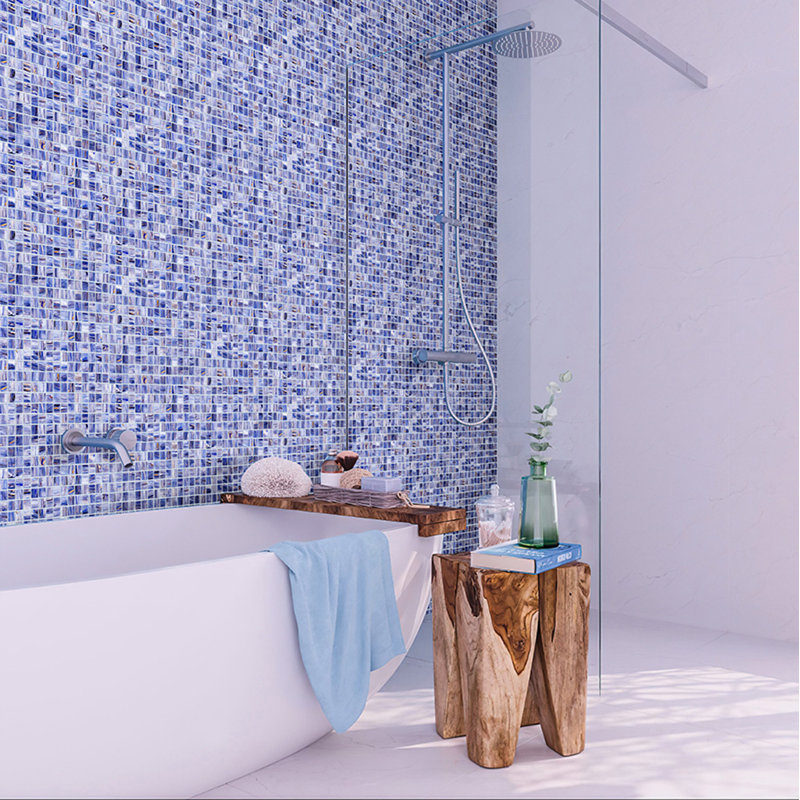 Celestial 0.8" x 0.8" Glass Grid Mosaic Wall & Floor Tile , Blue/White