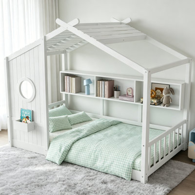 Lit simple au sol pour tout-petits, enfants avec design Montessori, tablette de rangement et toit de maison de jeu, blanc