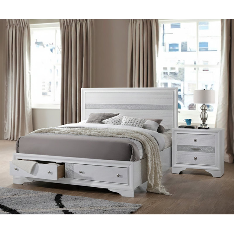 Ensemble de chambre à coucher 2 pièces avec rangement au pied de lit, Blanc, Double