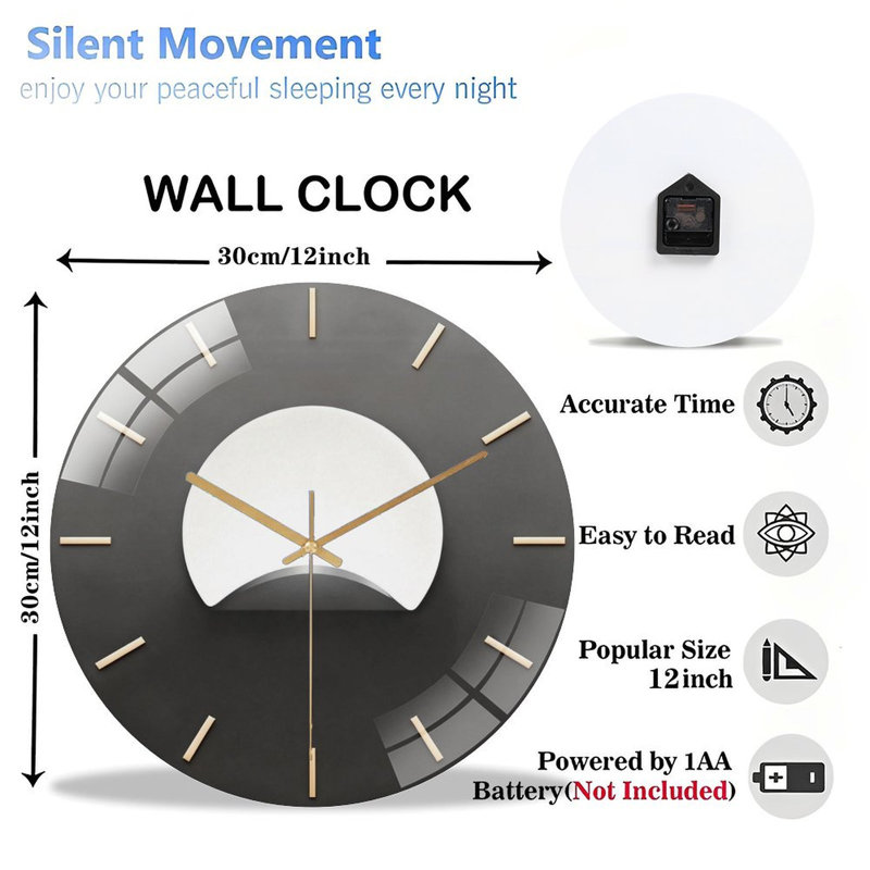 Horloge murale 12 po ronde en verre trempé avec mouvement à quartz silencieux, Grey