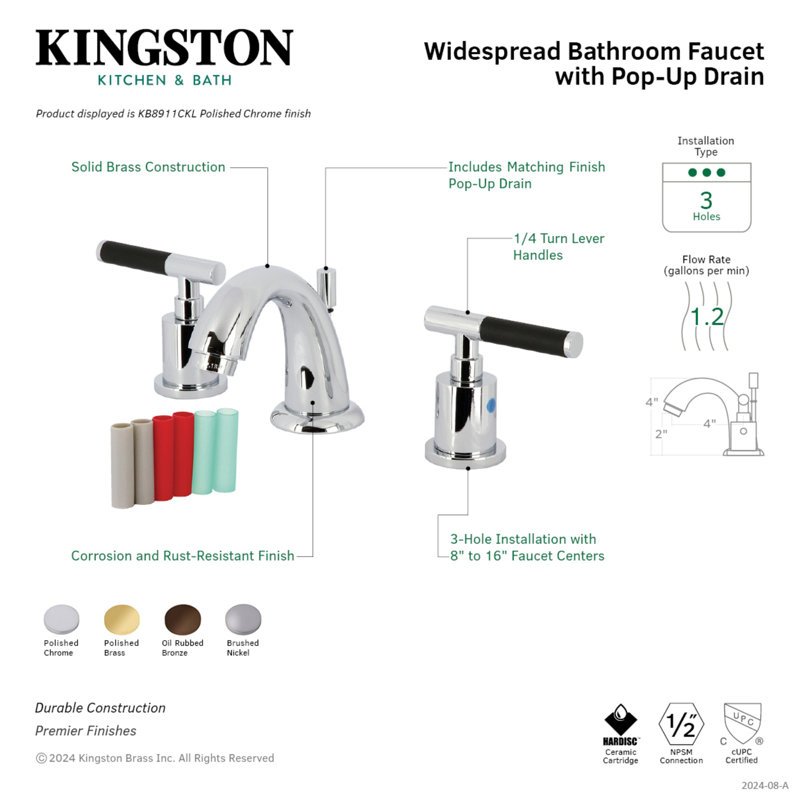 Robinet de salle de bain espacé avec ensemble de drain Kaiser, Laiton poli