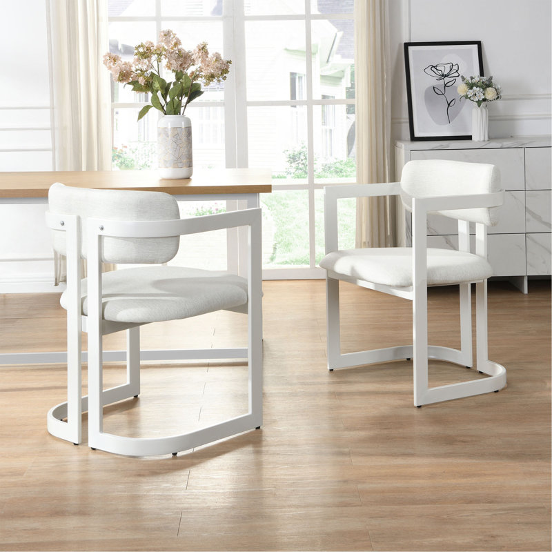 Ensemble de 2 chaises rembourrées en tissu avec structure en métal beige, capacité de poids de 265 lb, Blanc, Blanc