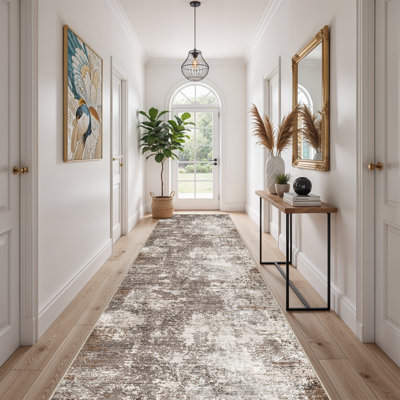 Long Hallway Rug – Non-Slip Washable Kitchen Floor Rug with Rubber Backing, Modern Low Pile Thin Wide Carpet for Bedroom, Entryway Indoor (Brown Beige)