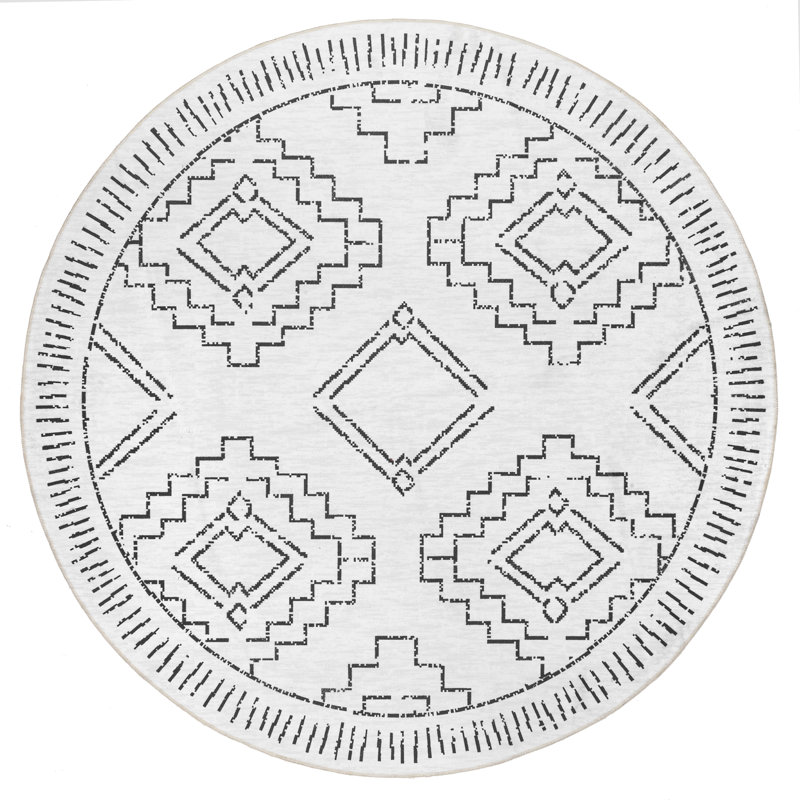 Oscar Geometric Machine Washable Area Rug for Living Room Bedroom Dining Room Kitchen, White/Charcoal, Round 6'