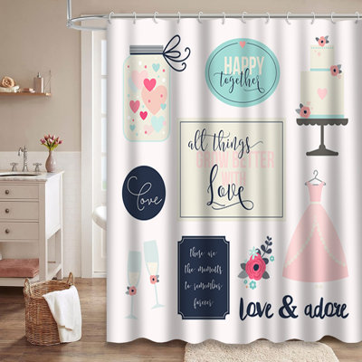 Love Stickers Signs Objects Invitations Valentine Day Abstract Flower Rose Shower Curtain with 12 Hooks