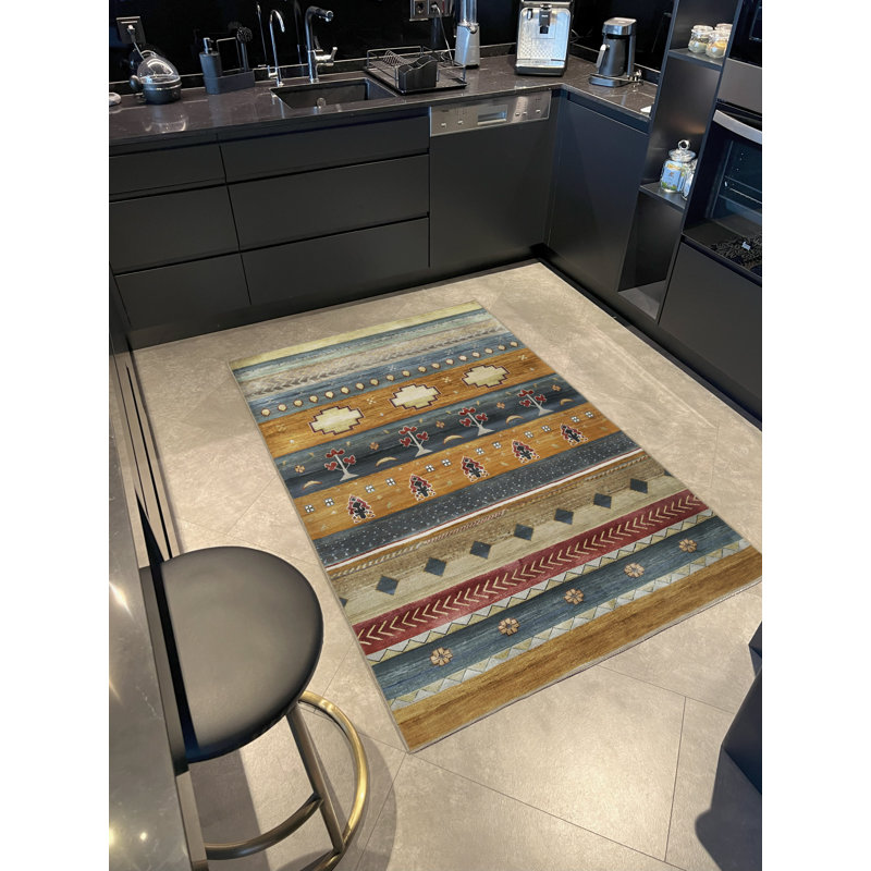 Yellow-Blue Themed Multi-Colored Stripe Section Mixed Shape Patterned Modern Decorative Rug, Runner 3'3.37" x 9'10.11"