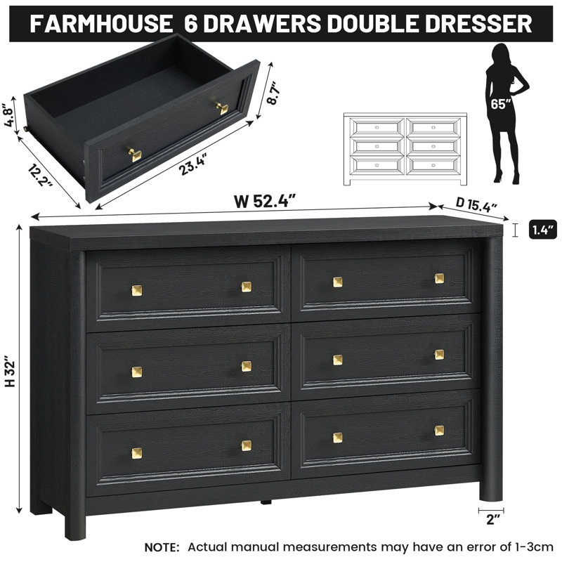 Commode noire, commode 6 tiroirs pour chambre à coucher, commodes de 52 pouces de large avec tiroirs profonds