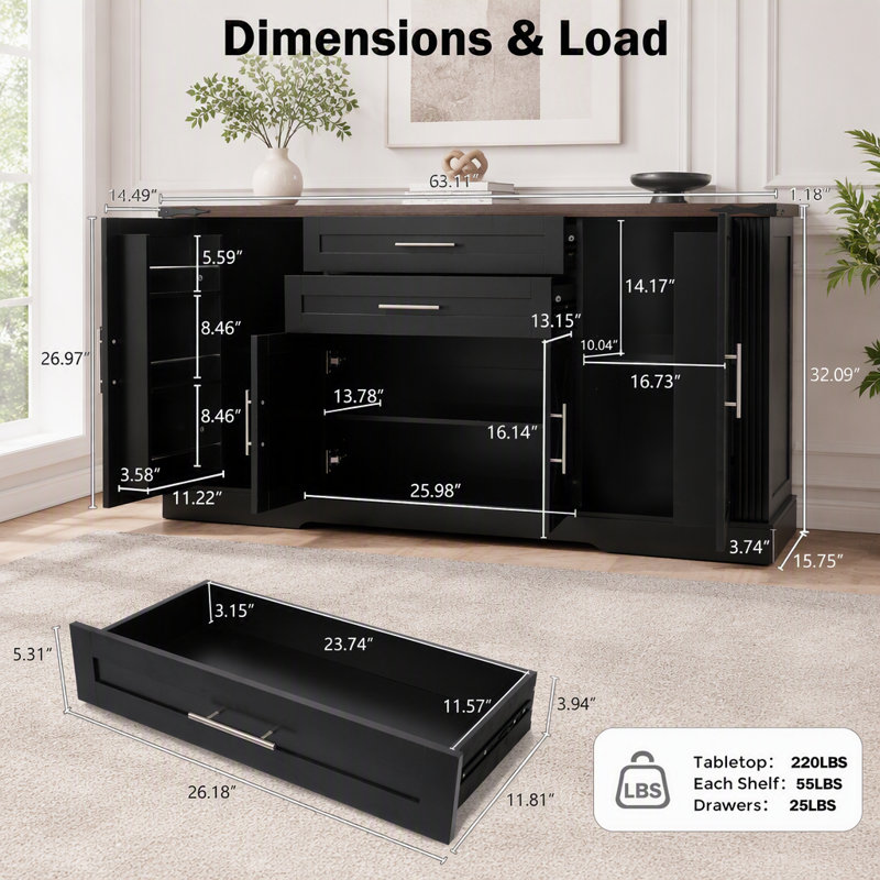 Armoire de rangement 63 "avec porte de grange 63" avec 2 tiroirs et porte, Noir