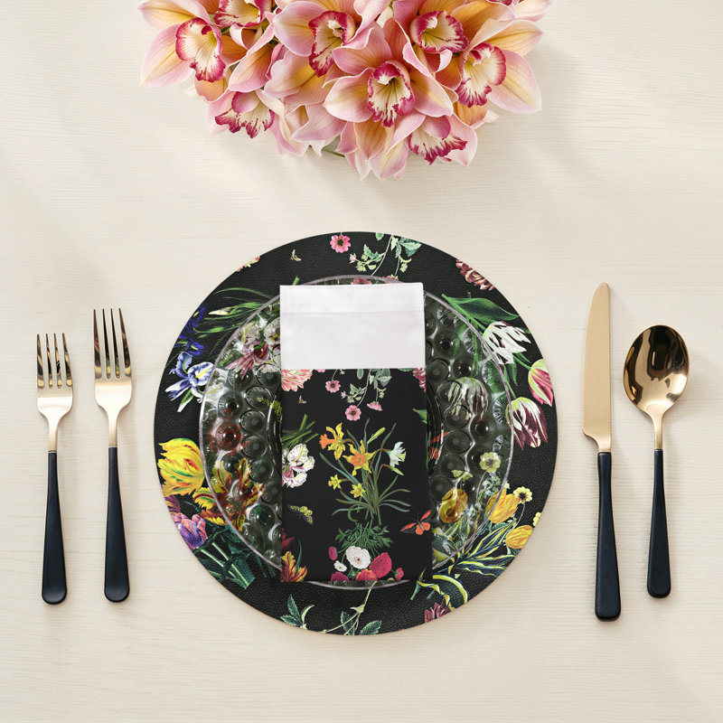 Flora Fauna Cotton Sateen Dinner Napkins, Black