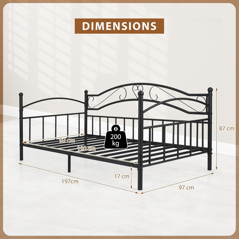 Metal Daybed Frame Single Size Sofa Bed with Classic Headboard, Black