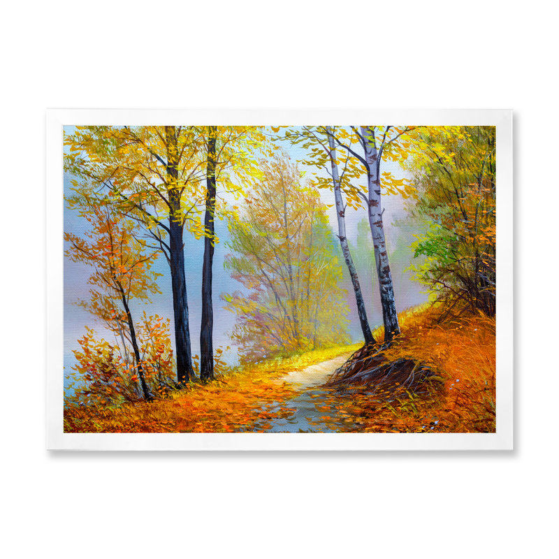 Path Path The Birch Tree Forest - reproduction sur toile avec cadre flottant, Cadre photo blanc, H 16 po x l 32 po x P 1 po