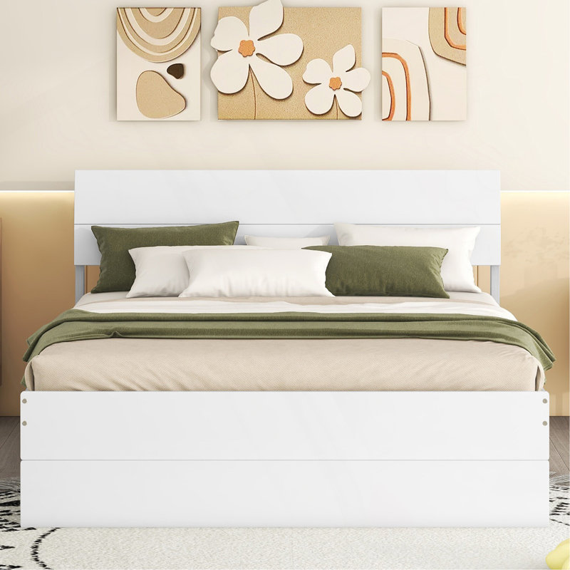 Cadre de lit double moderne avec lit gigogne simple et 2 tiroirs pour blanc brillant et blanc délavé, Blanc