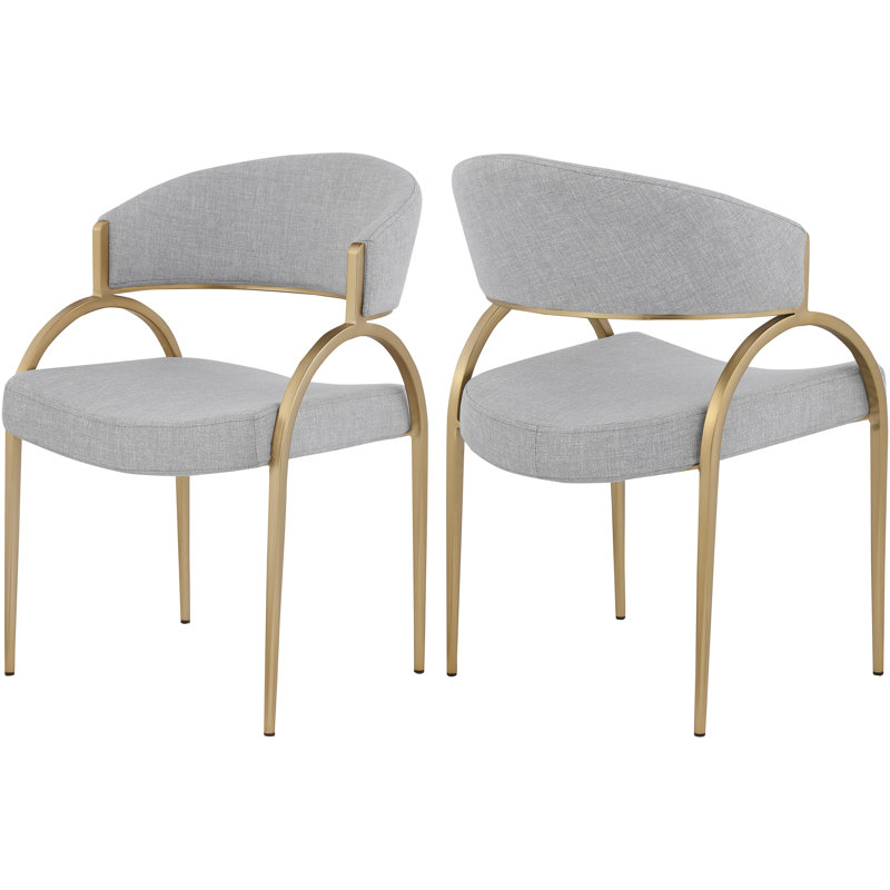 17.72'' H Upholstered Metal Armchair, Grey Linen Textured Fabric, Brushed Brass