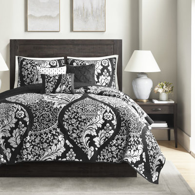 Printed Cotton Quilt For King/ King Bed, 6 Pieces, Intricate , Embroidery Pillows, Machine Washable, - 6 King, Black Print, Cotton, All Over Quilting, Filled Pillows