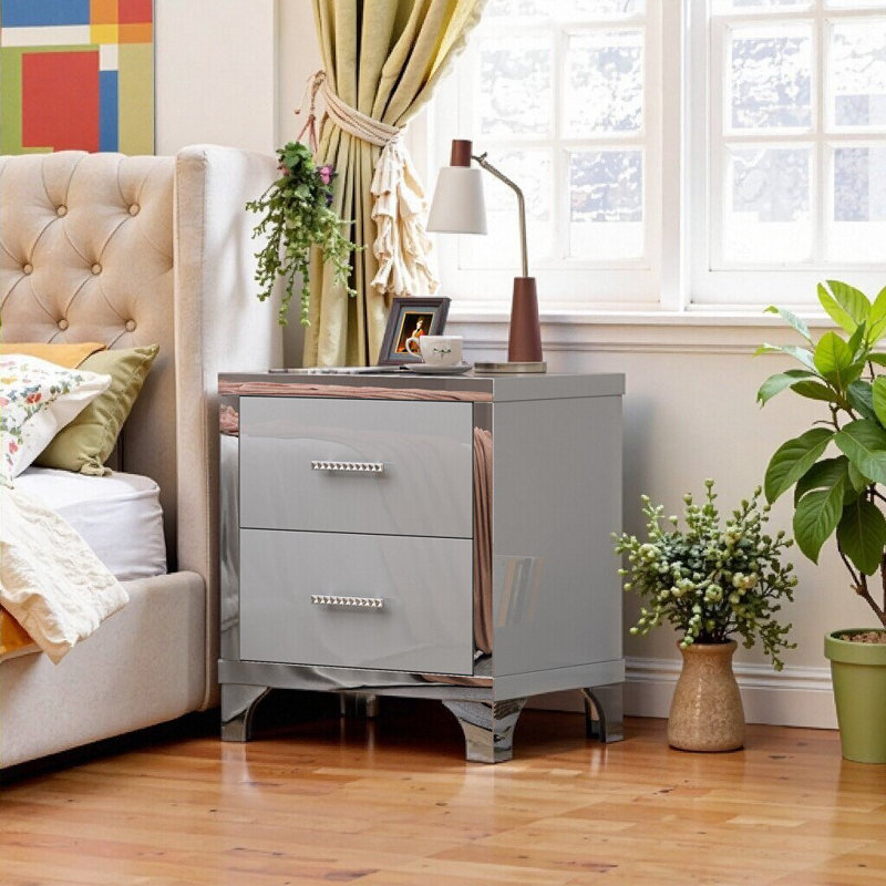Table de chevet moderne à 2 tiroirs ultrabrillante avec poignées en métal pour la chambre à coucher, Gris