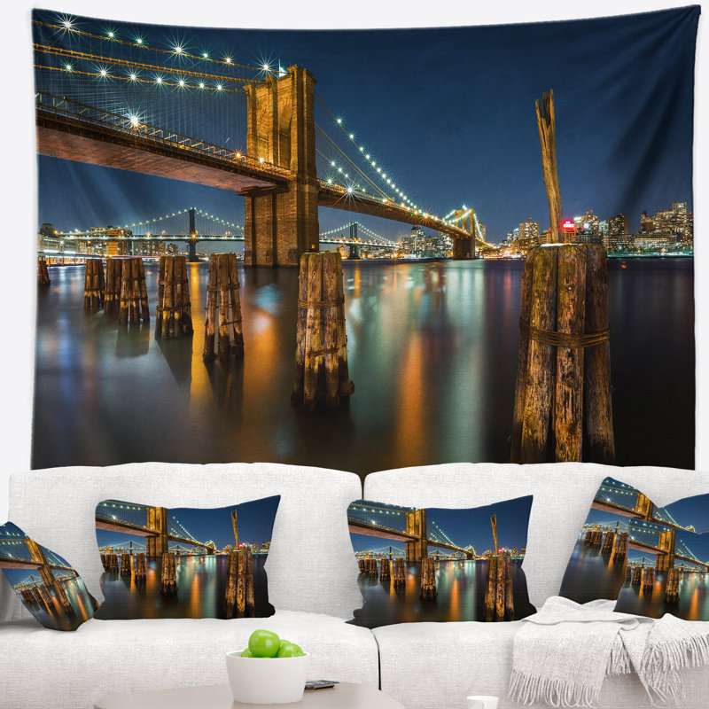 Paysage urbain illuminé le pont de brooklyn par la tapisserie de nuit, H 50 po x l 60 po