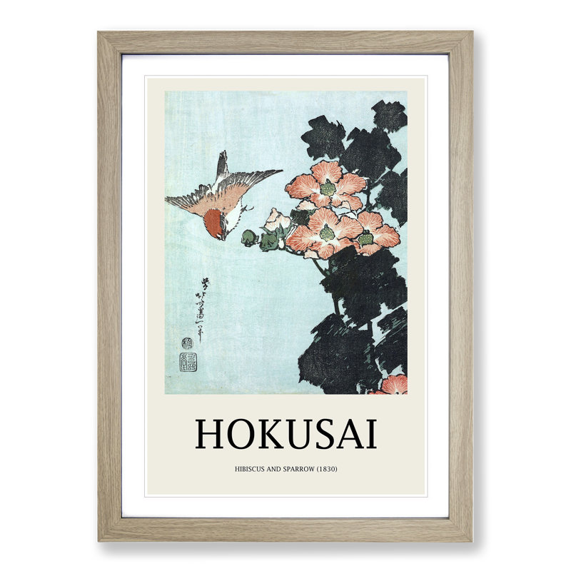 Hibiscus and Sparrow by Katsushika Hokusai - Picture Frame Art Prints, 65cm H x 48cm W x 2cm D, Oak Framed