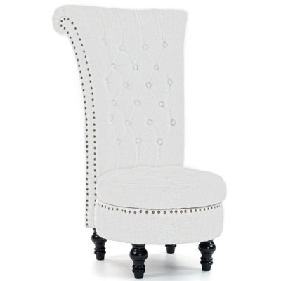 High Back Throne Royal Chair, Teddy Armless Accent with Storage, Nailhead Trim, Solid Rubberwood Legs for Living Room Bedroom, White