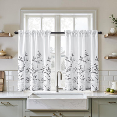 Kitchen Curtains,Grey And White Leaf Floral Printed Light Filtering Semi Sheer Small Window Drapes For Bathroom Cafe, 2 Panels