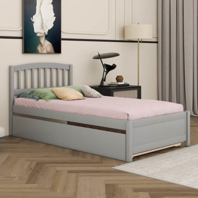 Lit plateforme simple avec lit gigogne, cadre de lit plateforme en bois avec tête de lit courbée, support à lattes de bois