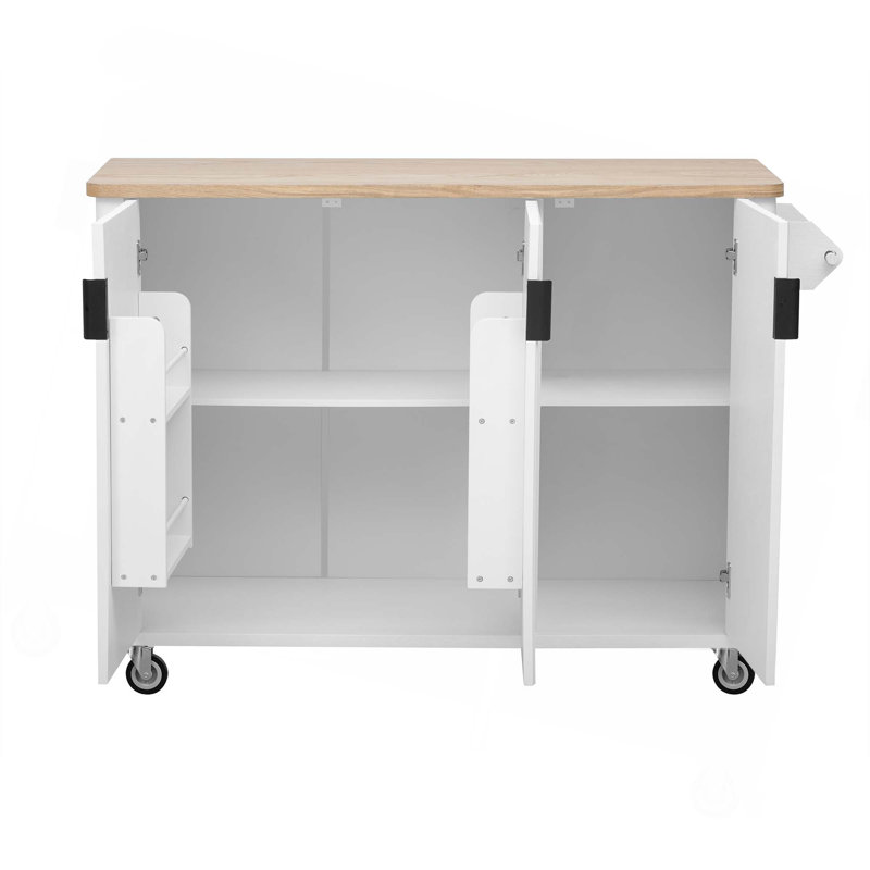 Îlot de cuisine de 51 po à cannelures campagnardes avec rallonge, support de rangement interne et porte-serviettes, Blanc