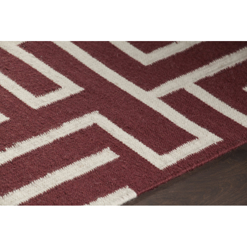 Chevella Authentic Flatwoven Handmade Red & Ivory Reversible Modern Geometric Maze Wool & Cotton Area Rug, 3' x 5'