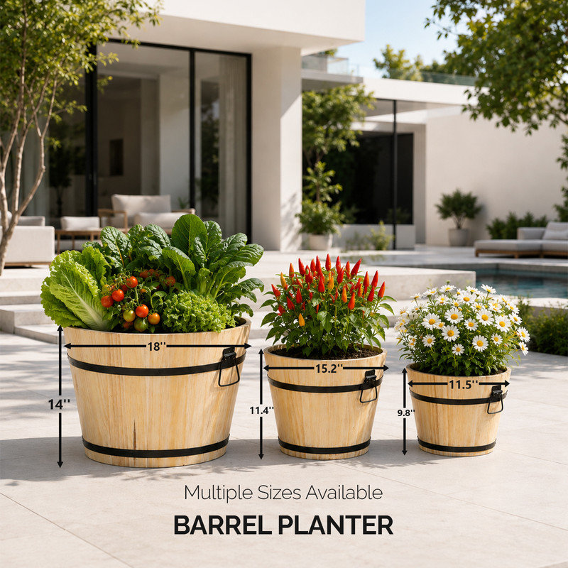 Icarus 3 - Piece Wood Barrel Planter Set, Honey 