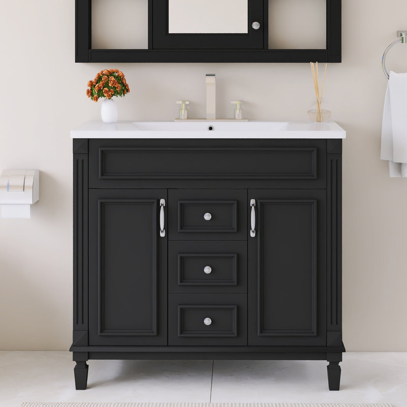 36" Freestanding Single Bathroom Vanity With White Ceramic Integrated Top, Black
