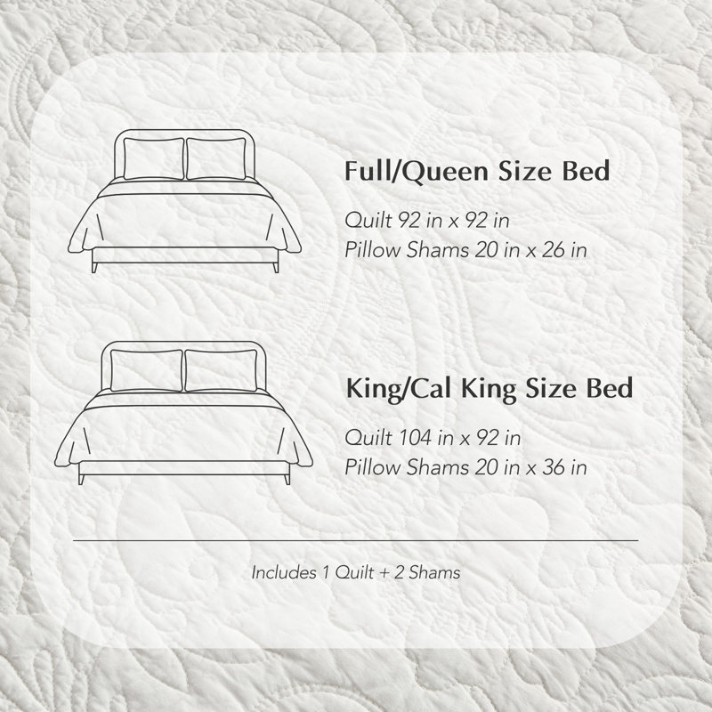 Paisley 100% Cotton Quilt Set 3 Pieces, King Quilt + 2 King Shams, Bright White