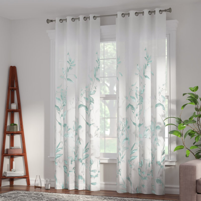Aqua Sheer Botanical Grommet Window Panel