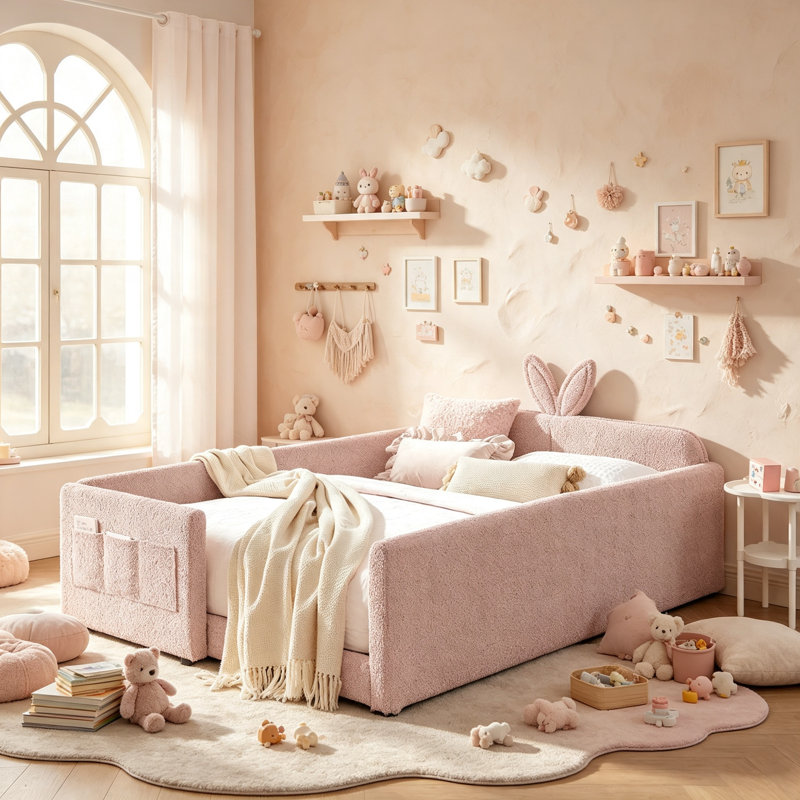 Structure de lit rembourrée pour enfants avec rails de sécurité et rangement, lit de plancher Boucle avec tête de lit et garde-corps, rose, double