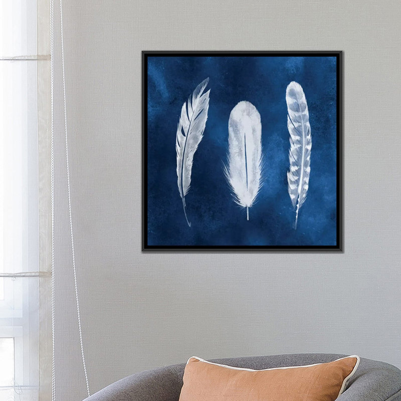 « cyanotype plumes i », impression sur toile, H 26 po x l 26 po x P 1,5 po, Toile avec cadre noir, Pas de tapis