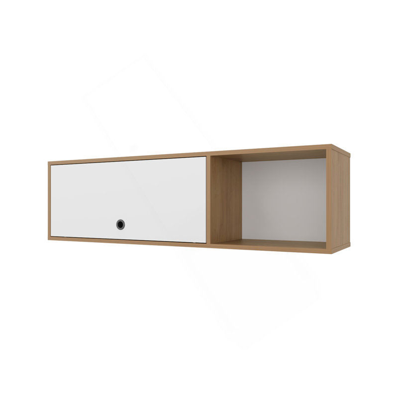 Roslyn Wall-Mounted Cabinet With Lift-Up Door, Open Compartments, Natural Oak And White