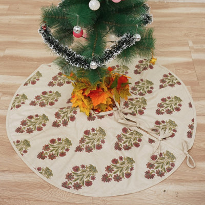 Jupe d'arbre de Noël en lin de 30 pouces fabriquée par un artisan Fab Fabine avec motifs à blocs complexes imprimés à la main, décorations de vacances de qualité supérieure - Mor Pankh