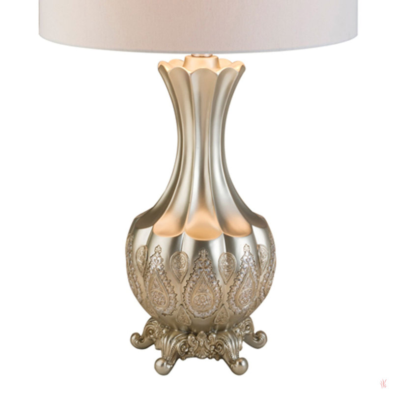 Lampe de table haute en polyrésine 30 po avec finition argentée, design royal, abat-jour en lin blanc
