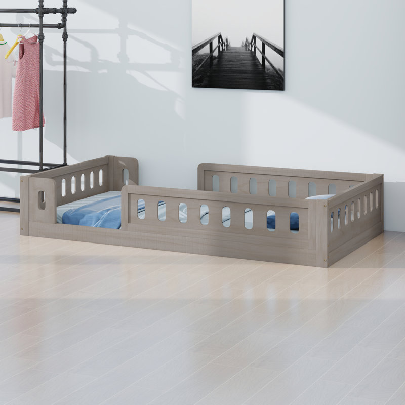 Solid Wood Bed Frame With Safety Guardrails, Natural