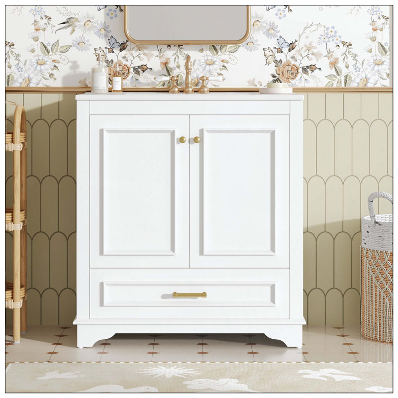 Luxurious Bathroom Vanity Ceramic Sink 2 Large Soft-Closing Doors Solid Wood, White