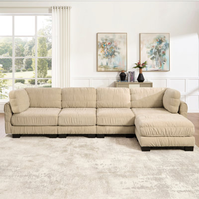 Canapé modulaire 4 pièces en chenille à détails froncés, repose-pieds mobile, mousse à haute densité, coussins de dossier en forme de L, assemblage facile, pour le salon, la chambre à coucher