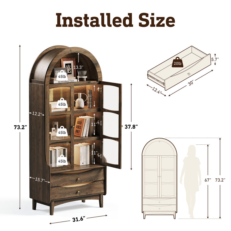 Arched Bookcase With Led Lights.73"Tall Modern Farmhouse Arched Bookcase With Glass Doors And Shelves,4-Tier Wooden Storage Cabinet With 2 Drawers For Living Room,Dining Room(Brown)