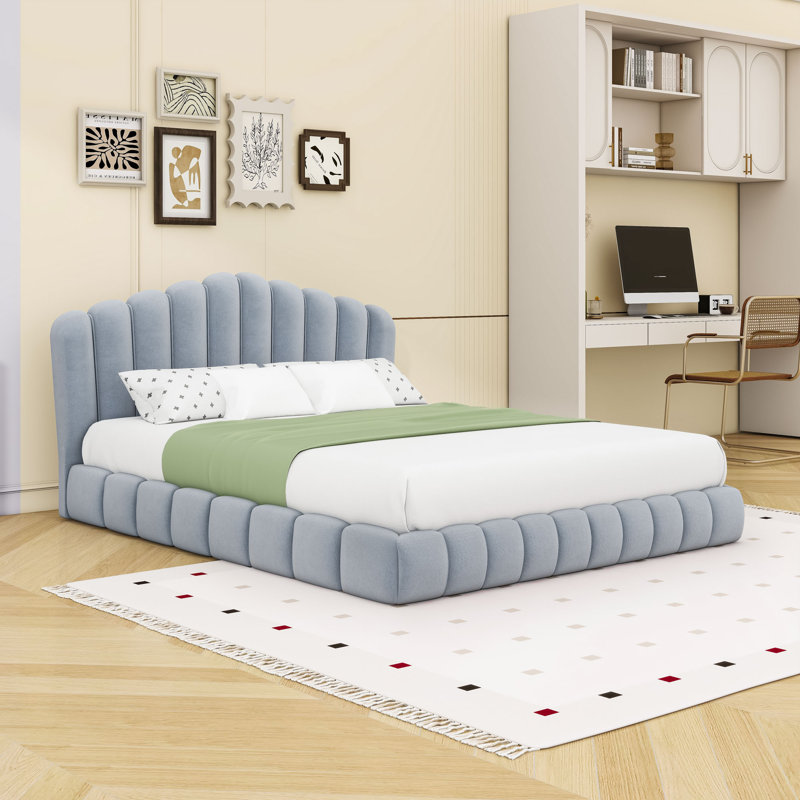 Grand lit plateforme tapissier avec tête de lit en velours, Bleu clair