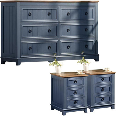 Farmhouse Dresser And Nightstand Sets 3 Piece, Nightstands Set Of 2 And 6 Drawers Dressers For Bedroom, 54" Wide Dresser And 18" Inch Night Stand Set For Bedroom, Living Room, Hallway