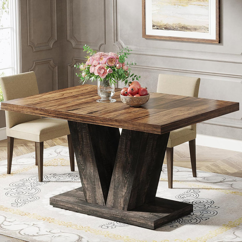 Table de salle à manger de style campagnard de 47 pouces pour 4-6, finition blanche et noire, base piédestal robuste, table en bois rustique pour petits espaces